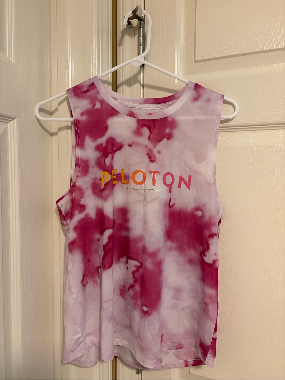 Peloton Pink and White Tie-Dye Muscle Tank with Yellow Logo